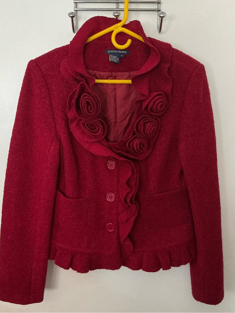 Boston Proper Deep Red Ruffle Rose-Trim Wool-Blend Jacket
